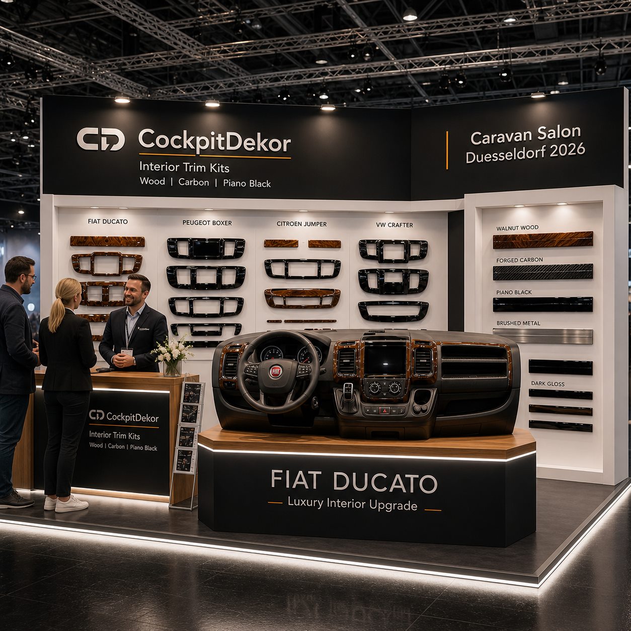 Visuale editoriale di uno stand CockpitDekor con cruscotto Fiat Ducato personalizzato